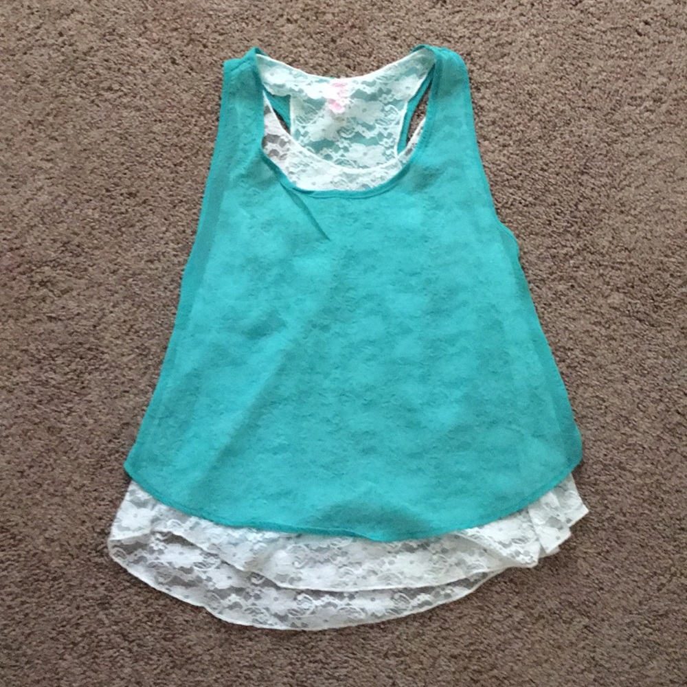 White and teal laced shirt